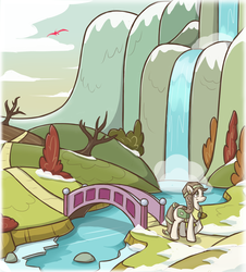 Size: 1085x1200 | Tagged: safe, artist:campus-cats, oc, oc only, oc:pine, ask pine pony, scenery, snow, solo, waterfall