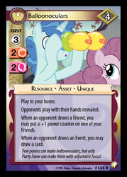 Size: 358x500 | Tagged: safe, enterplay, party favor, pinkie pie, pony, unicorn, equestrian odysseys, g4, my little pony collectible card game, the cutie map, balloon, balloon binoculars, binoculars, card, ccg, female, male, mare, stallion