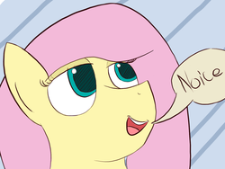 Size: 1331x1000 | Tagged: safe, artist:flutteriot, fluttershy, g4, female, head only, hilarious in hindsight, lidded eyes, noice, open mouth, reaction image, solo, speech bubble