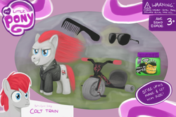 Size: 1280x853 | Tagged: safe, artist:unsavorydom, train tracks (g4), g4, alternate hairstyle, box art, brushable, clothes, comb, grin, hair gel, leather jacket, parody, sunglasses, toy, tricycle