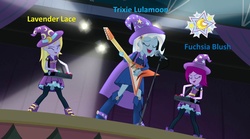 Size: 1024x571 | Tagged: safe, screencap, fuchsia blush, lavender lace, trixie, equestria girls, g4, my little pony equestria girls: rainbow rocks, background human, female, trixie and the illusions