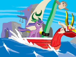 Size: 520x390 | Tagged: safe, artist:thenose90, owlowiscious, twilight sparkle, bird, owl, pony, unicorn, g4, accessory swap, boat, crossover, doodle or die, hat, island, king of red lions, link, nintendo, ocean, spread wings, the legend of zelda, the legend of zelda: the wind waker, unicorn twilight, video game, water, wave, wings