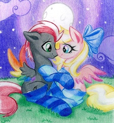 Size: 1658x1797 | Tagged: safe, artist:emberslament, oc, oc only, oc:bay breeze, pegasus, pony, clothes, moon, oc x oc, romantic, socks, striped socks, traditional art