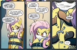 Size: 983x633 | Tagged: safe, artist:tonyfleecs, idw, official comic, fluttershy, bat pony, pony, g4, night of the living apples, spoiler:comic, spoiler:comic33, bondage, comic, cropped, female, flutterbat, mare, restrained, speech bubble, you know for kids