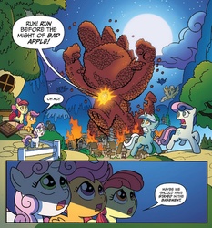 Size: 673x722 | Tagged: safe, artist:tony fleecs, idw, official comic, apple bloom, bad apple, bon bon, lyra heartstrings, scootaloo, spike, sweetie belle, sweetie drops, earth pony, living apple, pegasus, pony, unicorn, friendship is magic #33, g4, my little pony: friendship is magic (idw), night of the living apples, spoiler:comic, apple, apple monster, comic, cutie mark crusaders, female, filly, foal, mare, night, ponyville, speech bubble