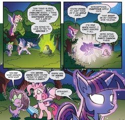 Size: 673x649 | Tagged: safe, artist:tony fleecs, idw, official comic, pinkie pie, spike, twilight sparkle, alicorn, bat pony, bat pony alicorn, dragon, pony, friendship is magic #33, g4, my little pony: friendship is magic (idw), night of the living apples, spoiler:comic, comic, female, glowing, glowing eyes, magic, magic drain, male, mare, meteor, party cannon, pinkiebat, speech bubble, trio, twibat, twilight sparkle (alicorn)