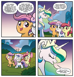 Size: 665x700 | Tagged: safe, artist:tony fleecs, idw, official comic, apple bloom, princess celestia, scootaloo, sweetie belle, alicorn, earth pony, pegasus, pony, unicorn, g4, night of the living apples, spoiler:comic, spoiler:comic33, comic, cutie mark crusaders, ethereal mane, female, filly, foal, mare, speech bubble