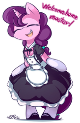 Size: 1250x1920 | Tagged: safe, artist:dshou, sugar belle, earth pony, pony, unicorn, g4, bipedal, chest fluff, clothes, curtsey, eyes closed, female, maid, mare, master, open mouth, simple background, socks, solo, speech, white background