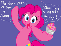Size: 520x390 | Tagged: safe, artist:drchrissy, pinkie pie, earth pony, pony, g4, blue background, blushing, cupcake, doodle or die, female, floating heart, food, happy, heart, looking at you, mare, offering, open mouth, open smile, reaction image, simple background, smiling, smiling at you, solo, talking to viewer