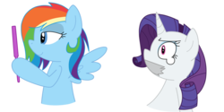 Size: 1024x512 | Tagged: safe, artist:deaththeponyse, rainbow dash, rarity, pegasus, pony, unicorn, let's switch bodies, g4, body swap, crying, duct tape, eye swap, female, gag, hair styling, hilarious in hindsight, hoof hold, makeover, mare, mirror, simple background, smiling, tape gag, tied up, transparent background