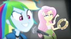 Size: 1257x689 | Tagged: safe, screencap, fluttershy, rainbow dash, equestria girls, g4, awesome as i want to be, female, fluttershy is not amused, unamused