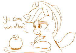 Size: 1280x888 | Tagged: safe, artist:notenoughapples, applejack, g4, apple, bedroom eyes, cargo ship, date, dialogue, female, flirting, leaning, lineart, monochrome, shipping, solo, that pony sure does love apples