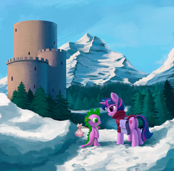 Size: 915x900 | Tagged: dead source, safe, artist:maggwai, spike, twilight sparkle, dragon, pony, unicorn, g4, bindle, butt, castle, clothes, duo, mountain, pine tree, plot, saddle bag, snow, sweater, tower, travelling, tree, winter