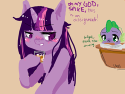 Size: 520x390 | Tagged: safe, artist:marinakirby, spike, twilight sparkle, dragon, pony, unicorn, anthro, g4, alcohol, alcoholism, blushing, doodle or die, drinking, drunk, drunk twilight, unicorn twilight