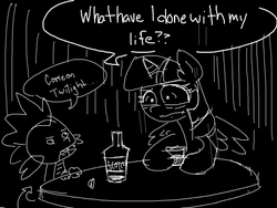 Size: 520x390 | Tagged: safe, artist:mcconnact, spike, twilight sparkle, alicorn, pony, g4, alcohol, doodle or die, drinking, female, mare, monochrome, scotch, twilight sparkle (alicorn)