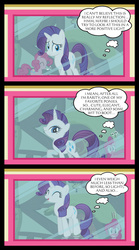 Size: 1024x1840 | Tagged: safe, artist:bigsnusnu, pinkie pie, rarity, earth pony, pony, unicorn, comic:a rare-rarity day, g4, comic, exclamation point, eyes closed, female, happy, hopping, jumping, lesbian, mare, mirror, open mouth, ponyville, question mark, raised hoof, reflection, ship:raripie, shipping, smiling, vector, window, worried