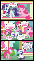 Size: 1024x1840 | Tagged: safe, artist:bigsnusnu, pinkie pie, rarity, earth pony, pony, unicorn, comic:a rare-rarity day, g4, bipedal, clone, comic, duo, duo female, duo focus, eyes closed, female, jumping, lesbian, looking at each other, looking at someone, mare, mirror, nervous, nervous smile, open mouth, ship:raripie, shipping, sitting, smiling, surprised, vector, window