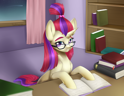 Size: 3300x2550 | Tagged: safe, artist:noodlefreak88, moondancer, pony, unicorn, g4, book, female, glasses, high res, mare, shooting star, solo