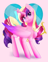 Size: 1280x1656 | Tagged: safe, artist:noodlefreak88, princess cadance, alicorn, pony, g4, crystal heart, cute, cutedance, cutie mark background, eye clipping through hair, female, heart eyes, mare, solo, wingding eyes