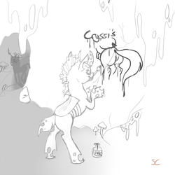 Size: 512x512 | Tagged: safe, artist:sourcherry, queen chrysalis, changeling, g4, bugbutt, butt, hive, ink, monochrome, painting, plot, this will end in tears