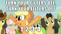 Size: 610x343 | Tagged: safe, edit, edited screencap, screencap, apple rose, applejack, braeburn, golden delicious, red gala, wensley, earth pony, pony, derpibooru, apple family reunion, g4, apple family member, bad advice, female, filters, image macro, male, mare, meme, meta, raise this barn, stallion