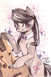 Size: 579x869 | Tagged: safe, artist:mi-eau, edit, octavia melody, earth pony, pony, g4, female, musical instrument, solo, sparkles, traditional art, watercolor painting