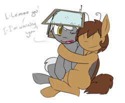 Size: 1280x1054 | Tagged: safe, artist:erthilo, oc, oc only, oc:roachpony, blank flank, blushing, dialogue, foal, hug, simple background, transparent background
