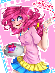 Size: 768x1024 | Tagged: safe, artist:iponylover, pinkie pie, human, g4, blushing, clothes, cupcake, female, food, humanized, nail polish, skirt, solo