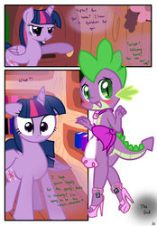 Size: 1741x2500 | Tagged: safe, artist:pyruvate, spike, twilight sparkle, alicorn, pony, comic:dragon queen, g4, 2015, ankle cuffs, apron, blushing, butt, clothes, comic, crossdressing, embarrassed, female, femboy, femboy spike, high heels, locking high heels, male, mare, naked apron, padlock, shocked, shocked expression, sissy, surprised, twilight sparkle (alicorn), wtf face