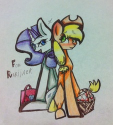 Size: 663x733 | Tagged: safe, artist:ask-aiden-lightning, applejack, rarity, g4, bag, blushing, female, lesbian, looking back, open mouth, picnic basket, ship:rarijack, shipping, sitting, smiling, traditional art