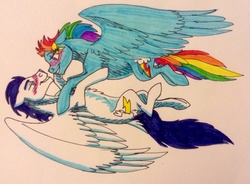 Size: 1280x941 | Tagged: safe, artist:lorelei, rainbow dash, soarin', pony, g4, backwards cutie mark, blushing, female, male, old cutie mark, ship:soarindash, shipping, straight, traditional art