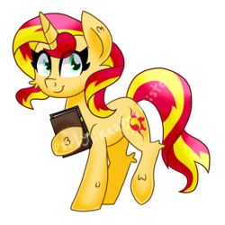 Size: 2048x2045 | Tagged: safe, artist:partypievt, sunset shimmer, pony, unicorn, g4, book, female, high res, nerd, simple background, solo, transparent background