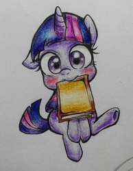 Size: 744x960 | Tagged: safe, artist:cappuccino, twilight sparkle, g4, book, female, mouth hold, solo, that pony sure does love books, traditional art