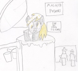 Size: 1129x1025 | Tagged: safe, artist:barryfrommars, derpy hooves, pegasus, pony, g4, dare to be stupid, female, mare, mashed potatoes, pot, traditional art, weird al yankovic