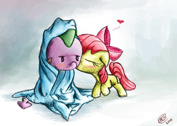 Size: 1024x730 | Tagged: safe, artist:loreto-arts, apple bloom, spike, g4, blanket, cute, female, filly, foal, heart, kissing, male, ship:spikebloom, shipping, straight, traditional art