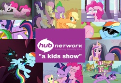 Size: 2129x1476 | Tagged: safe, edit, edited screencap, screencap, applejack, fluttershy, pinkie pie, princess cadance, queen chrysalis, rainbow dash, rarity, spike, sugar belle, twilight sparkle, alicorn, changeling, pony, a canterlot wedding, castle sweet castle, do princesses dream of magic sheep, princess twilight sparkle (episode), tanks for the memories, the cutie map, applespike, butt, cutie mark, female, hub logo, image macro, male, mare, meme, out of context, plot, shipping, straight, sunglasses, twilight sparkle (alicorn), you know for kids