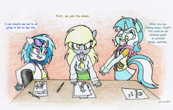 Size: 1024x652 | Tagged: safe, artist:pandan009, derpy hooves, dj pon-3, lyra heartstrings, vinyl scratch, anthro, g4, dialogue, planning, traditional art, zombie apocalypse