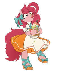 Size: 774x968 | Tagged: safe, artist:うめぐる, pinkie pie, earth pony, anthro, :p, alternate hairstyle, bipedal, bow, clothes, cute, diapinkes, dress, female, fingers, hair bow, ice cream, licking, pixiv, shoes, simple background, solo, tongue out, white background