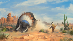 Size: 1920x1080 | Tagged: safe, artist:huussii, chief thunderhooves, little strongheart, bison, buffalo, g4, cactus, desert, duo, dust, female, male, running, saguaro cactus, scenery