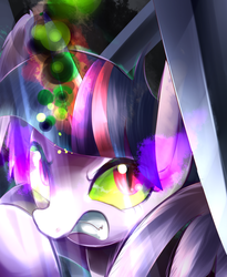 Size: 900x1100 | Tagged: safe, artist:sion-ara, twilight sparkle, alicorn, pony, g4, colored horn, corrupted, crystal, curved horn, dark crystal, dark magic, evil, female, glowing horn, gritted teeth, horn, magic, solo, sombra eyes, sombra horn, twilight sparkle (alicorn)