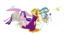 Size: 1200x662 | Tagged: source needed, safe, artist:theigi, adagio dazzle, aria blaze, sonata dusk, fanfic:we are what we are, g4, fanfic, fanfic art, ponified, the dazzlings