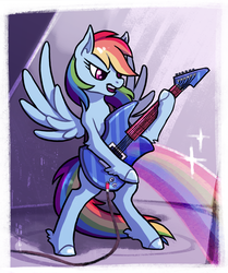 Size: 844x1010 | Tagged: dead source, safe, artist:irenezelle, rainbow dash, pegasus, pony, equestria girls, g4, my little pony equestria girls: rainbow rocks, bipedal, electric guitar, female, guitar, hoof fluff, mare, musical instrument, open mouth, rainbow, solo, spread wings, unshorn fetlocks