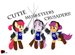 Size: 1375x1000 | Tagged: safe, artist:ggumbaramggun, apple bloom, scootaloo, sweetie belle, g4, cutie mark crusaders, musket, musketeer, sword, the three musketeers