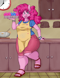 Size: 1280x1661 | Tagged: safe, artist:slipe, pinkie pie, earth pony, anthro, plantigrade anthro, g4, apron, chubby, clothes, cupcake, fat, feet, female, sandals, solo, toes