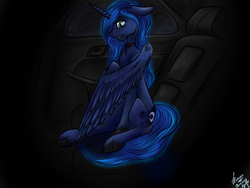 Size: 1600x1200 | Tagged: safe, artist:iwoo34enn, artist:stirren, princess luna, alicorn, pony, g4, car, collar, fanfic art, female, solo, unshorn fetlocks