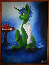 Size: 1536x2048 | Tagged: safe, artist:stirren, oc, oc only, pony, unicorn, canvas, oil painting, present, solo, traditional art