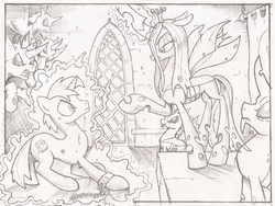Size: 1500x1127 | Tagged: safe, artist:yewdee, queen chrysalis, oc, oc:quill, changeling, changeling queen, pony, unicorn, g4, angry, chains, detailed background, female, fierce, injured, monochrome, traditional art