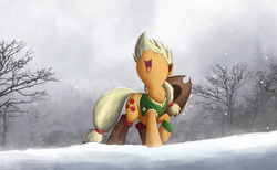 Size: 2000x1230 | Tagged: safe, artist:ncmares, applejack, earth pony, pony, g4, winter wrap up, boots, clothes, female, looking up, mare, nose in the air, open mouth, plant team, raised hoof, silly, silly pony, snow, snowfall, solo, tongue out, vest, winter, winter wrap up vest