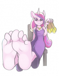 Size: 820x1049 | Tagged: safe, artist:zuneycat, princess cadance, anthro, plantigrade anthro, g4, barefoot, clothes, feet, female, fetish, foot fetish, foot focus, presenting, shoes, soles, solo, toes