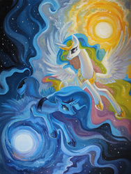 Size: 1234x1640 | Tagged: safe, artist:erinliona, princess celestia, princess luna, g4, canvas, duality, flying, long mane, moon, night, oil painting, painting, photo, royal sisters, spread wings, stars, sun, traditional art